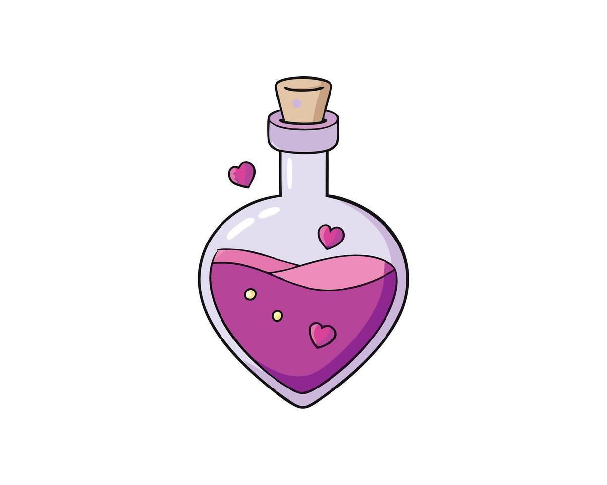 Adorable cartoon love potion bottle illustration with hearts and pink liquid design on white background. vector