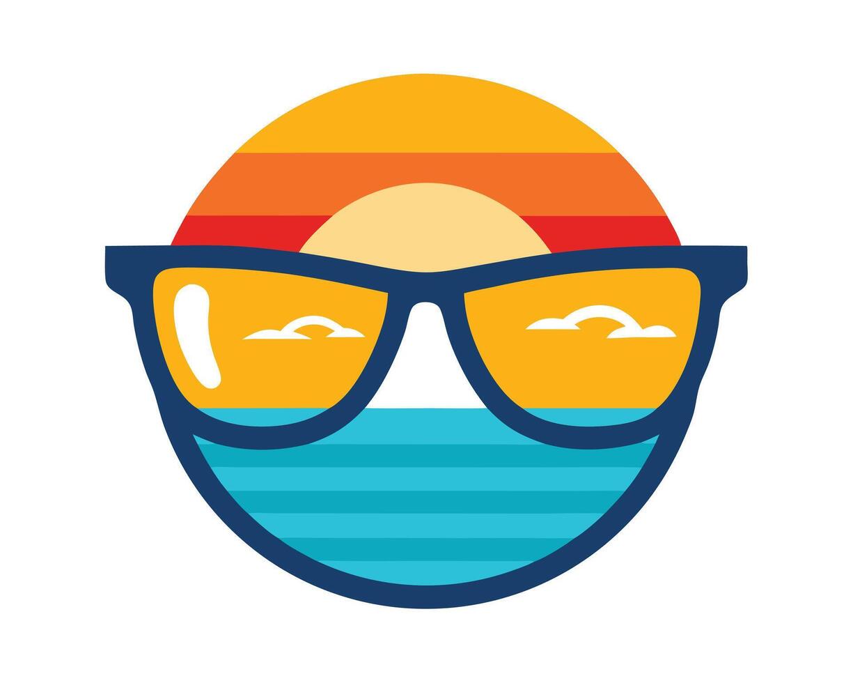 Colorful retro style illustration of sunglasses with a beach scene inside representing summer fun and vacation vector