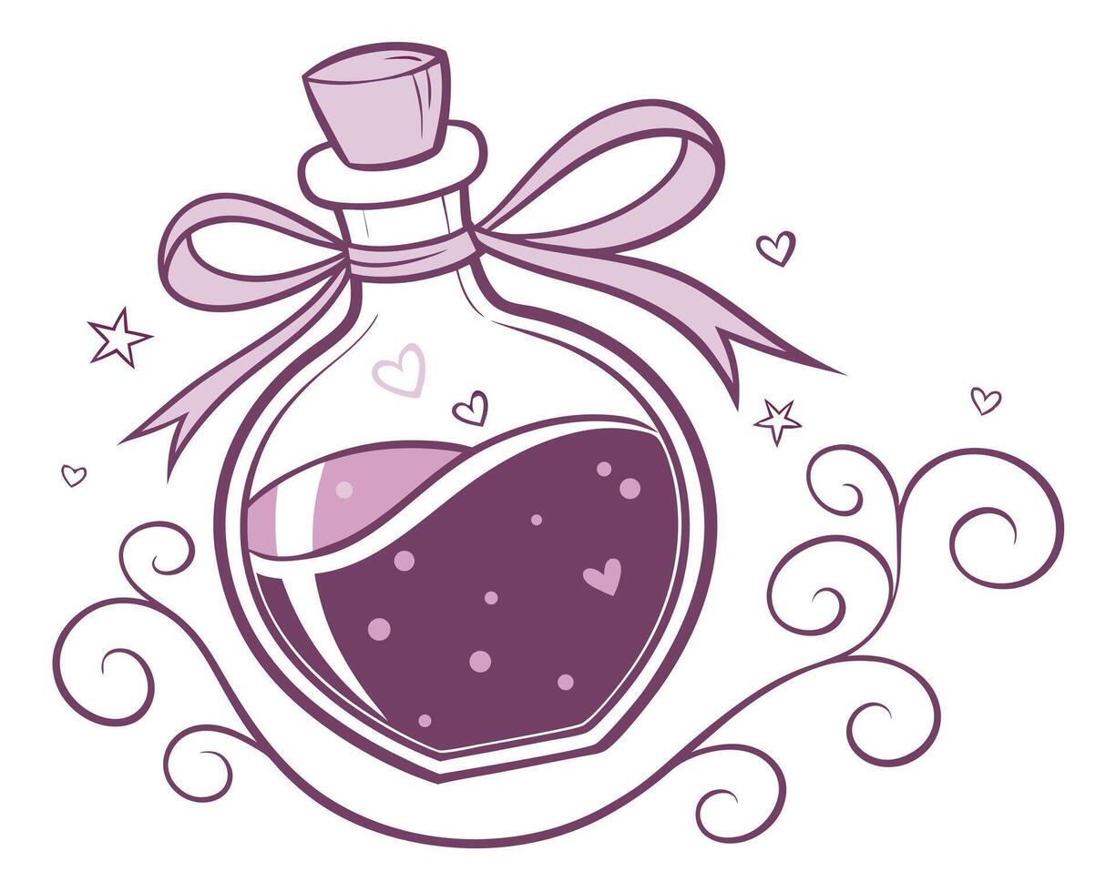 A cute purple potion bottle illustration with a ribbon hearts stars and decorative swirls design vector
