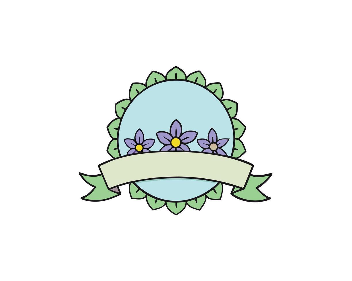 Floral badge design with purple flowers and ribbon suitable for decorative logos or announcements. vector
