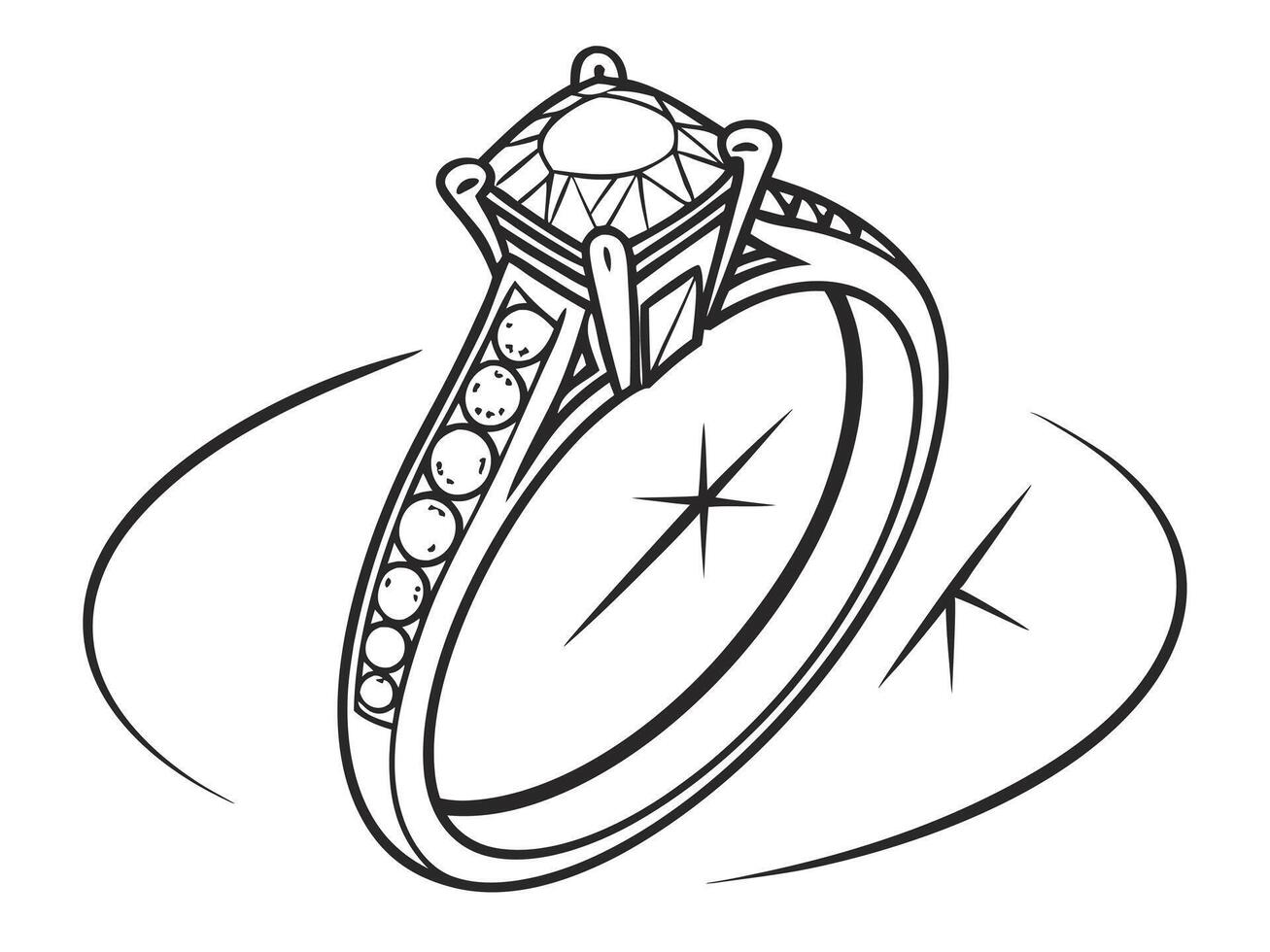 Elegant line art illustration of a diamond engagement ring symbolizing love and commitment with sparkle effects vector