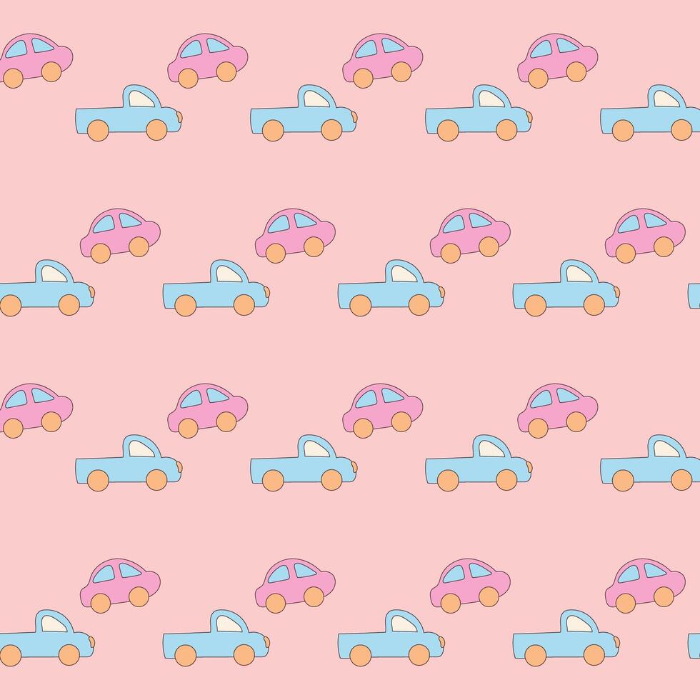 Funny Car Baby Clothing Textile Seamless Swatch Background. Hand Drawn Doodle Infant Fabric Pattern. Cute Kawaii Whimsical Wrapping, Wallpaper Nursery Art. Vintage Elegant Retro Style vector