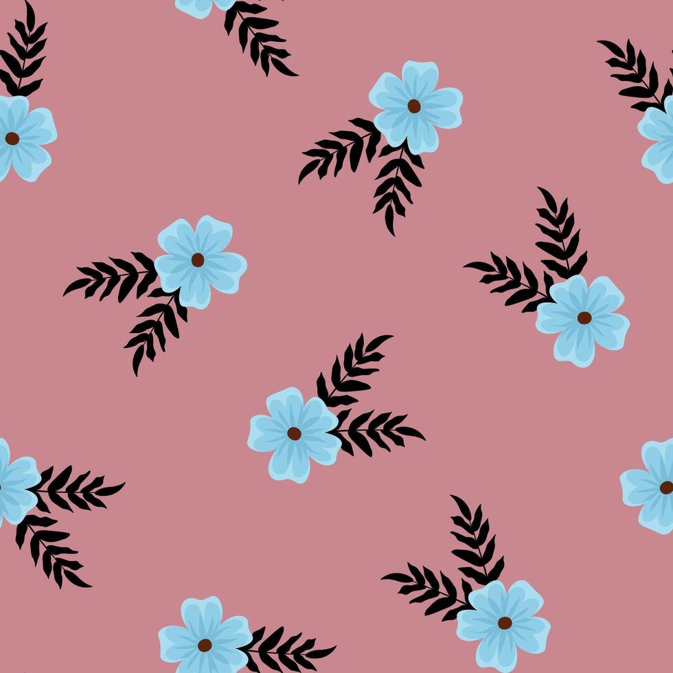 Blue flower with black leaf ornament with pink background seamless pattern vector