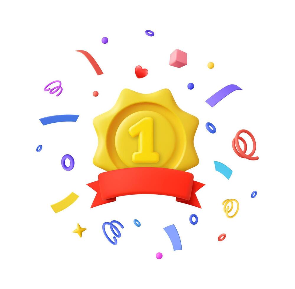 3d First place award badge with confetti celebration vector