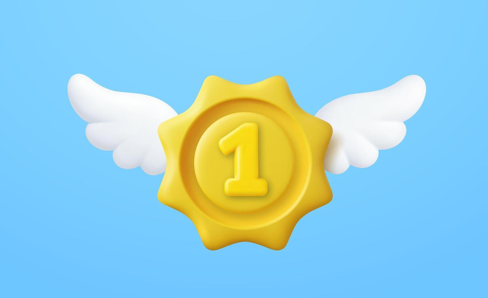 3D First place gold medal with white angel wings vector