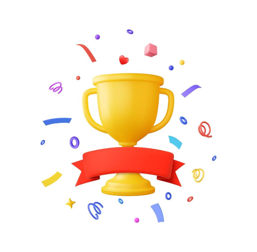 3D Trophy cup with ribbon and confetti celebration vector