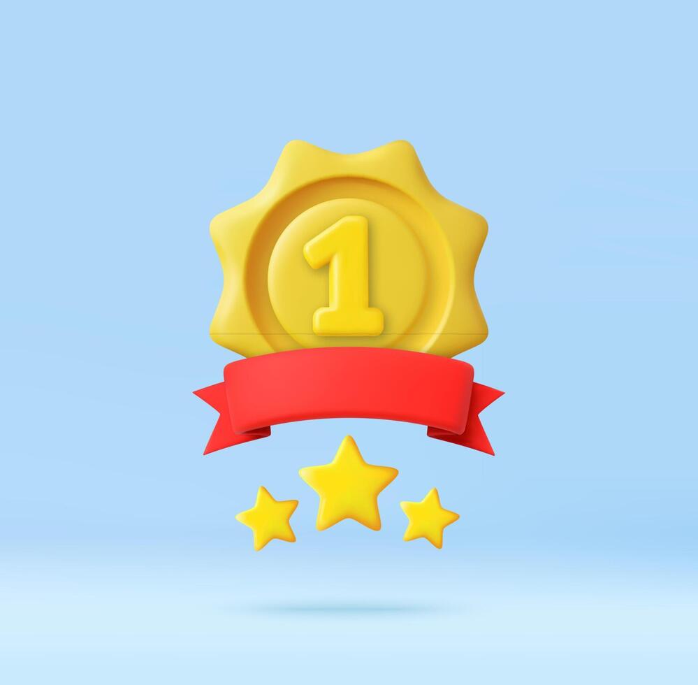 3D First place medal with ribbon and stars vector