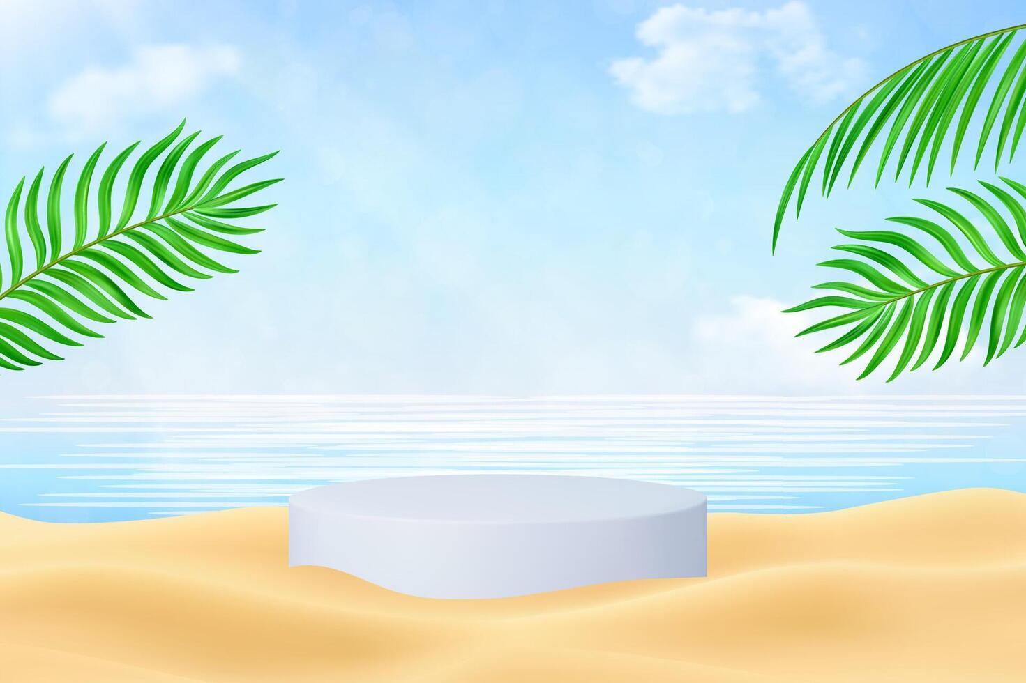 Tropical beach with palm leaves and platform. vector