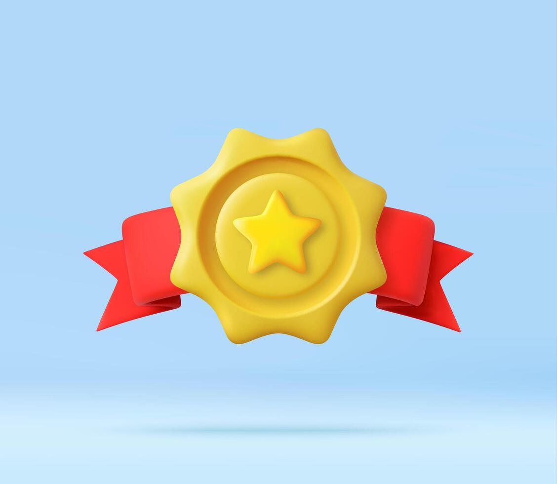 3D star award badge with red ribbons vector
