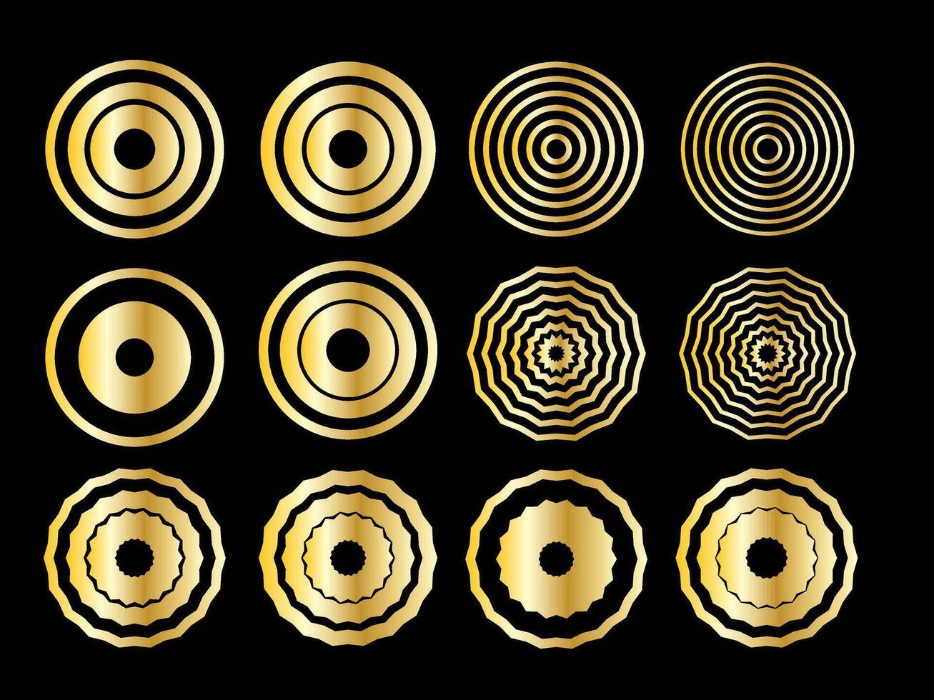 Gold Ring Round Shape Set. Vintage Golden Gradient Texture Circle Geometric Shape. Retro Style Decoration Element Contour Outline. Goldy Frame Button Shape Symbol vector