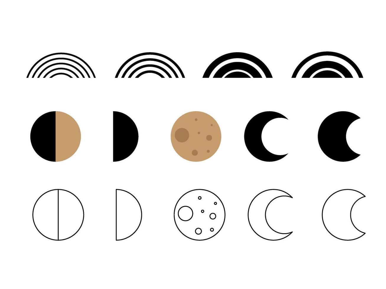 Moon Phase and Rainbow Symbol Silhouette. Minimalist Graphic Aesthetic Symbol. baby Nursery poster Design Part. Weather, Astrology, Astronomy, Tarot Decoration. Sweet Dream Good Night Boho Outline vector