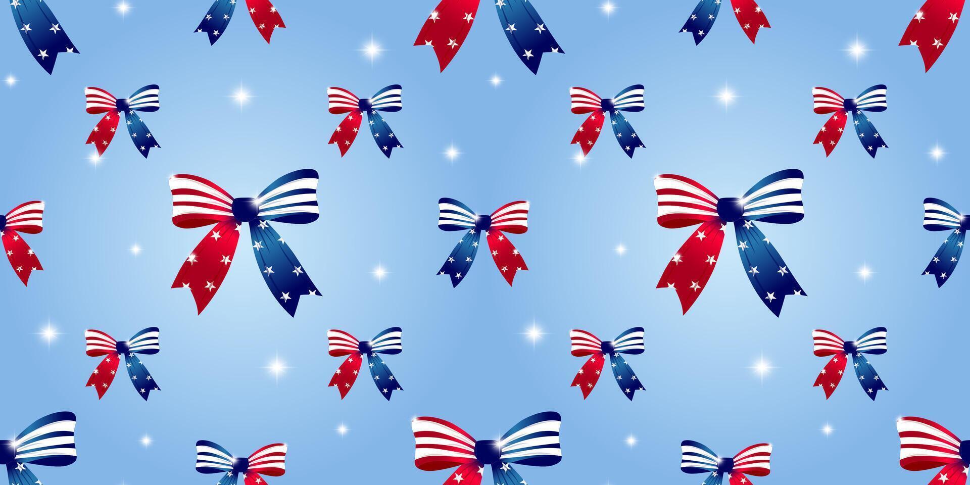 Realistic American Flag in Cute Coquette Ribbon Bow Design Style in a Seamless Pattern vector