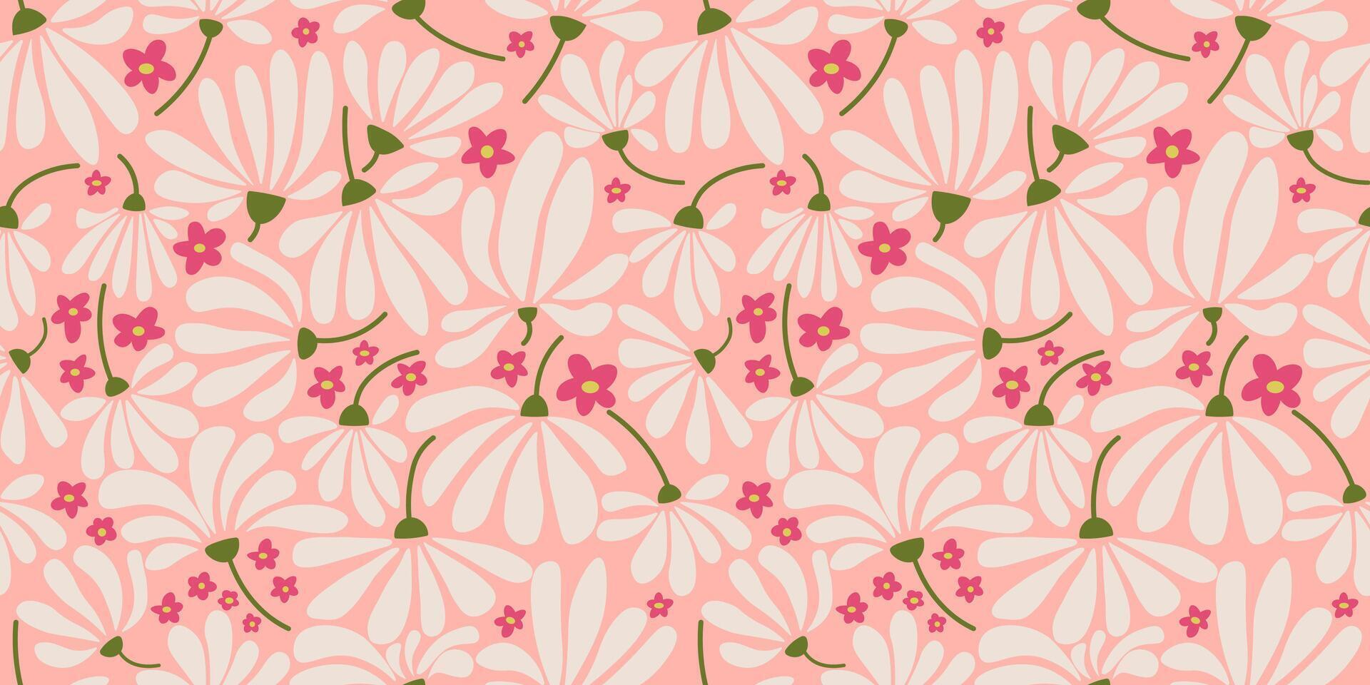 Cute Abstract Pink Groovy Exotic Tropical Flowers in a Seamless Pattern Illustration. vector