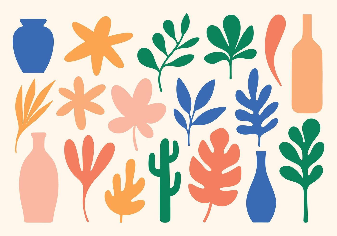 Colorful Abstract Botanical Set Flat Cut-Out Style Leaves, Flowers, and Vases for Modern Art vector