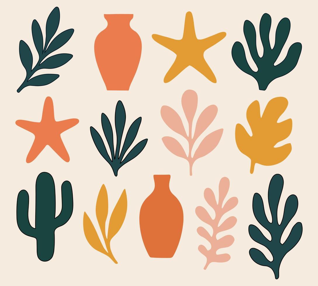 Abstract Botanical Set Flat Cut-Out Style Leaves, Vases, and Cactus Elements in Boho Earth Tone Colors vector