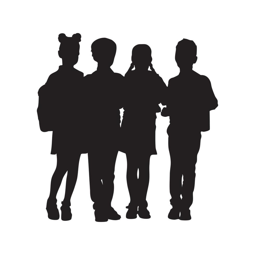 Children in School Uniform Silhouettes Set Students Standing with Backpacks Ready for School Black Illustration Isolated on White Background vector