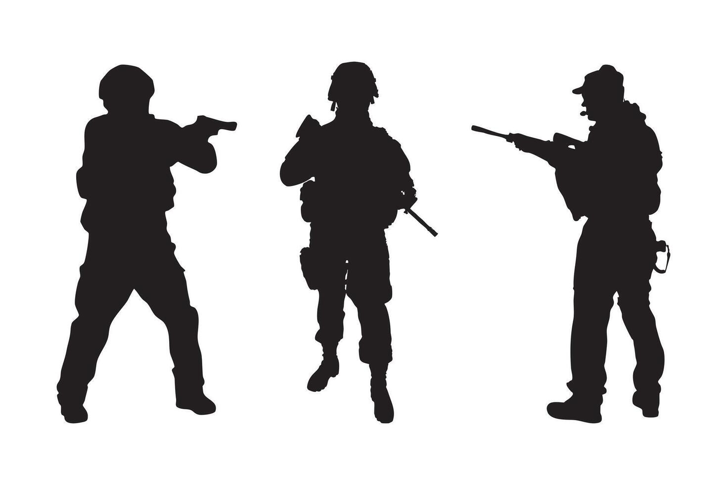 Army Soldier Silhouette Set Featuring Armed Soldiers in Tactical Poses Including Kneeling and Shooting Isolated on White Background for Web and Mobile Use vector