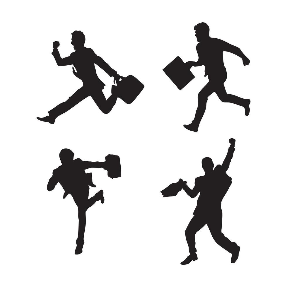 Dynamic Businessman Silhouette Set Illustration Featuring Jumping Running and Walking Office Professionals with Suitcases Isolated on White Background vector