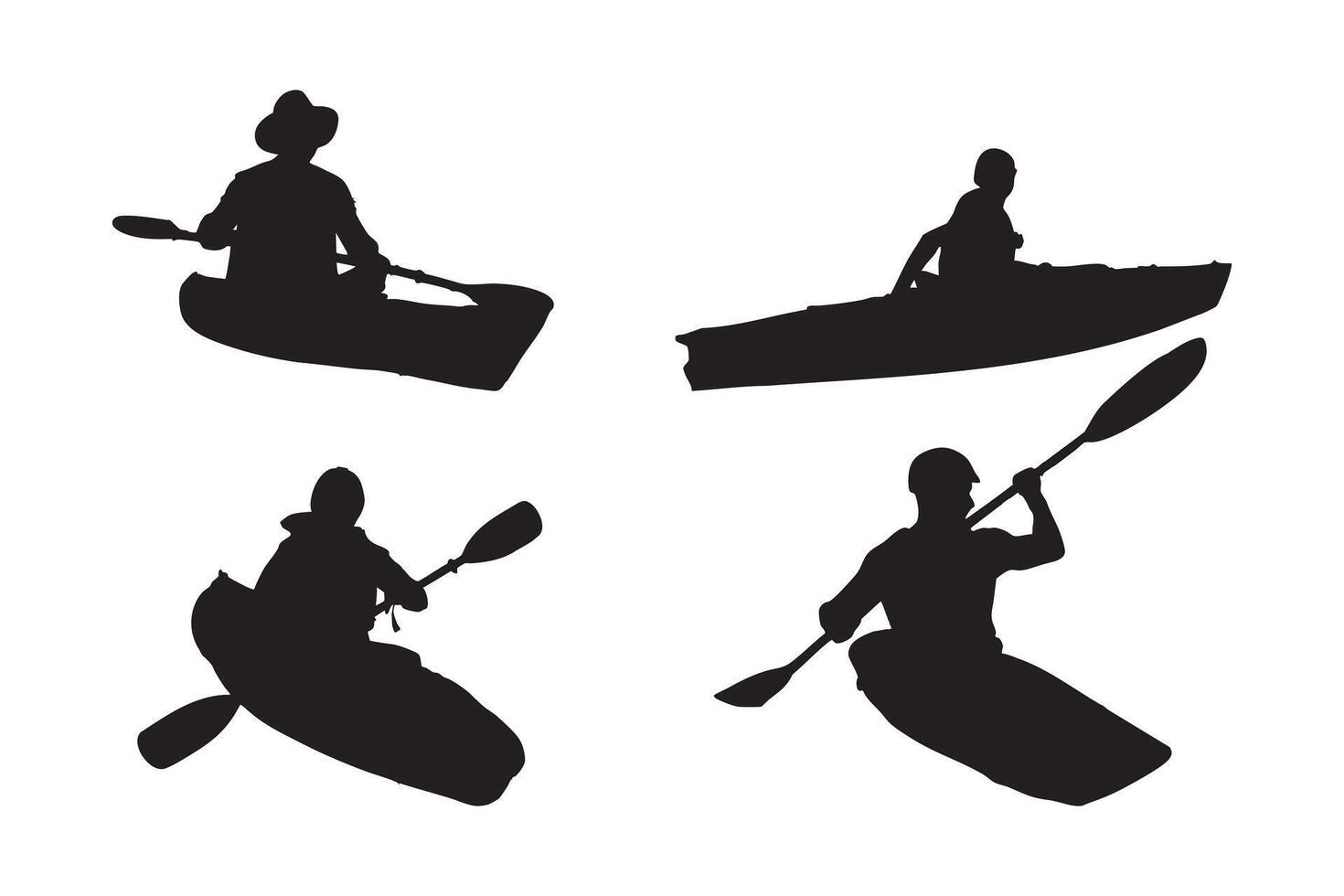 Adventure Kayaking Silhouette Set Featuring Paddlers in Narrow Boats with Double Bladed Oars Navigating Mountain River Currents Illustration on White Background vector