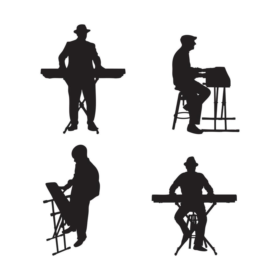 silhouette set of a person standing and playing keyboard instrument illustration vector