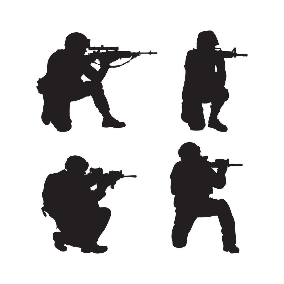 A big set of kneeling female and male soldiers, army, troops silhouettes isolated on a transparent background. tactical poses, combat ready with rifles. Modern warfare, military personnel. graphics vector