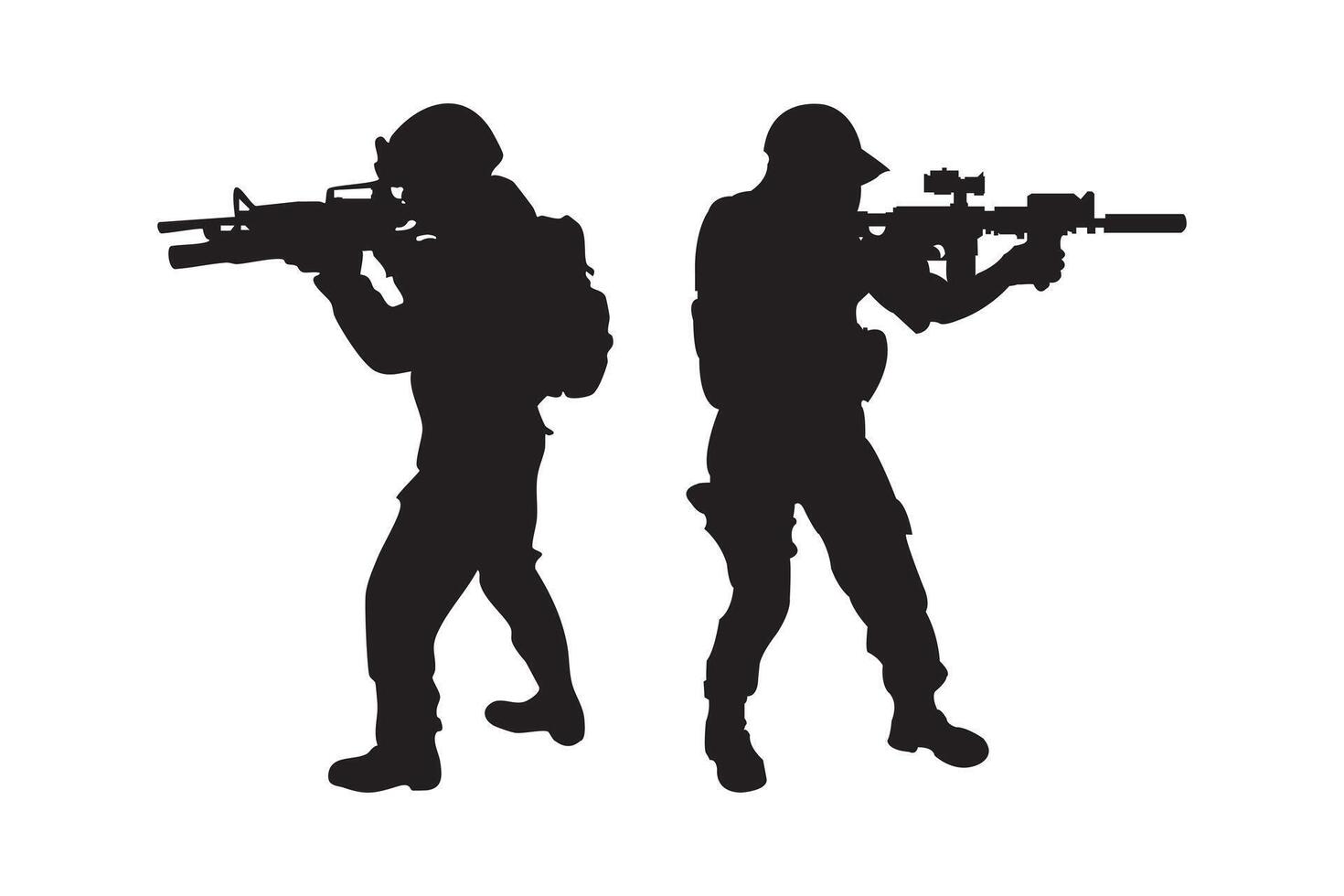 army soldier silhouette set featuring armed soldiers in tactical poses including kneeling and shooting isolated on white background and mobile use vector