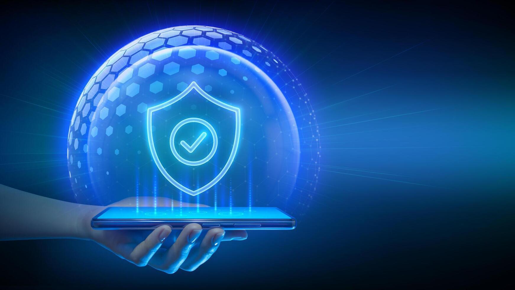 Hand holding smartphone with security shield vector