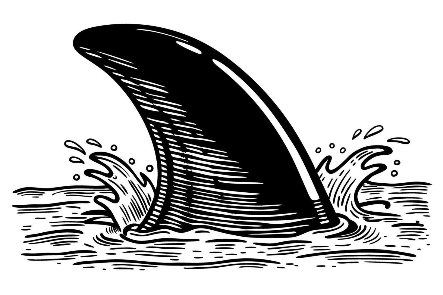 Shark fin emerging from water ocean predator, danger concept black and white line art illustration vector