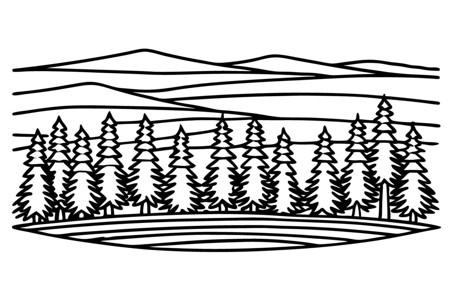 Pine forest landscape illustration with mountain background, hand drawn nature lines, outdoor woodland scenery vector