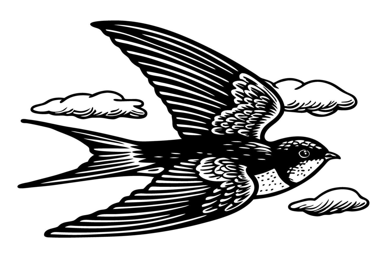 Vintage swallow bird in flight with spread wings and clouds classic black and white illustration, wildlife freedom concept vector