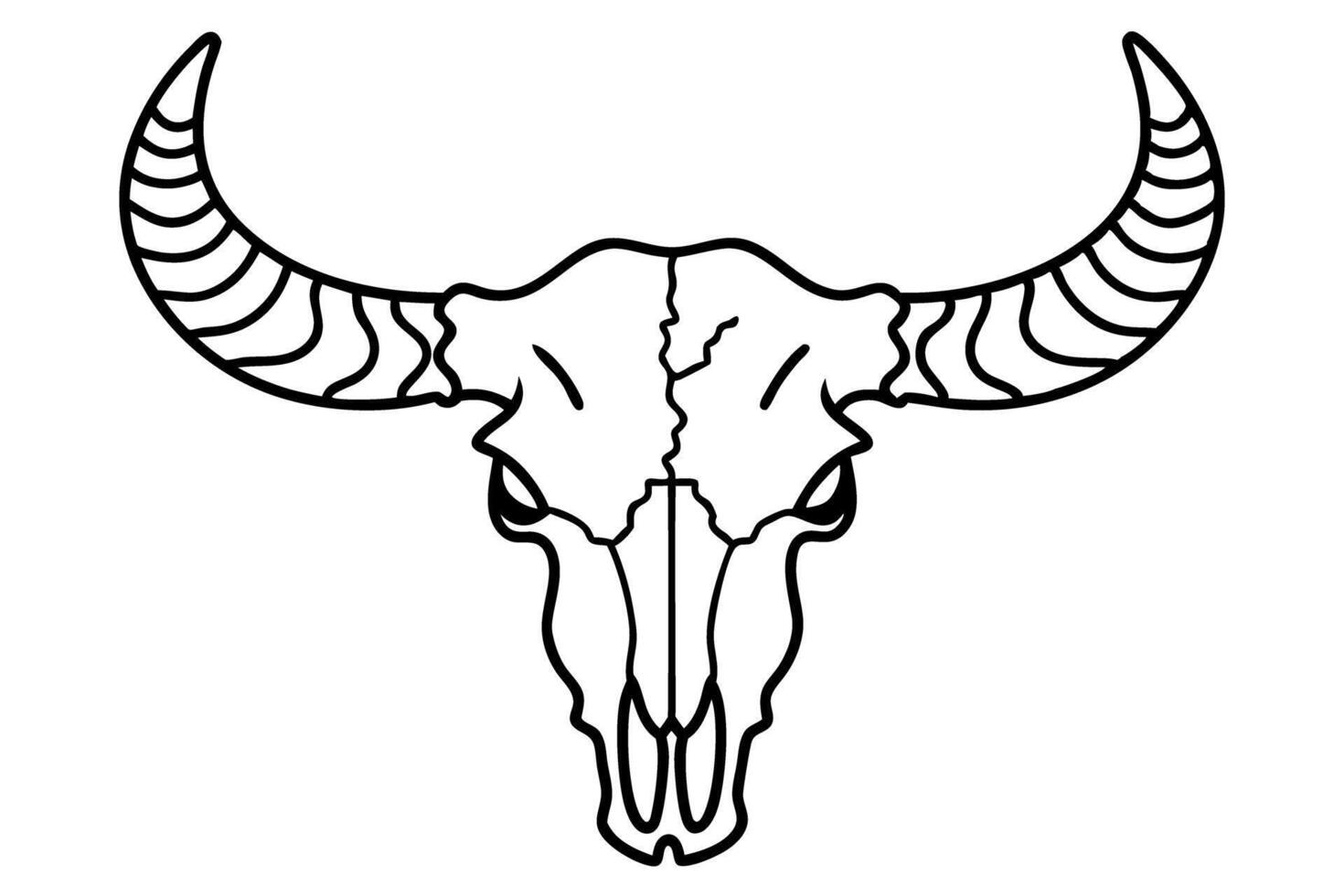 Bull skull line illustration western horned animal bone outline, rustic cowboy tattoo style, monochrome drawing vector