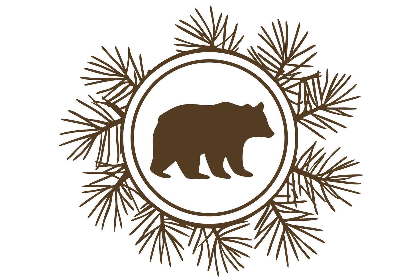 Bear silhouette emblem with pine needles rustic forest wildlife symbol, nature inspired design element vector