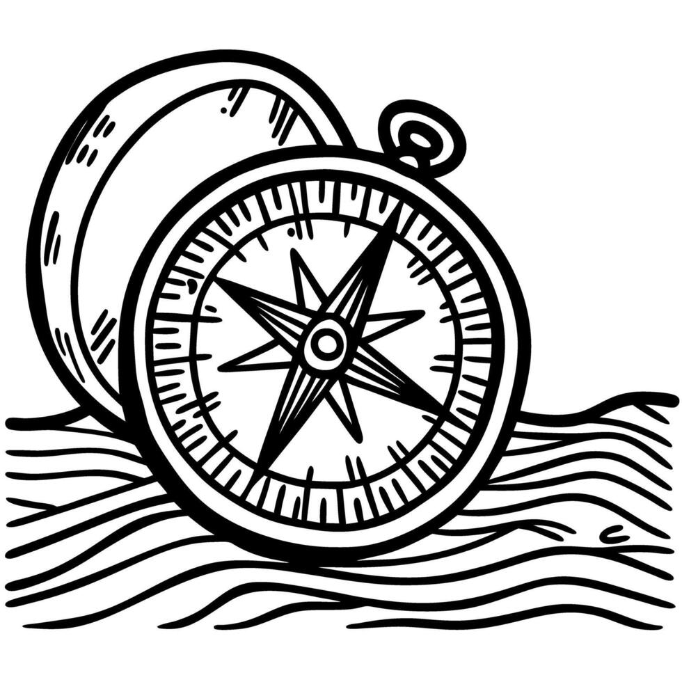 Vintage compass lying on map, hand drawn nautical navigation tool illustration maritime exploration and travel concept vector