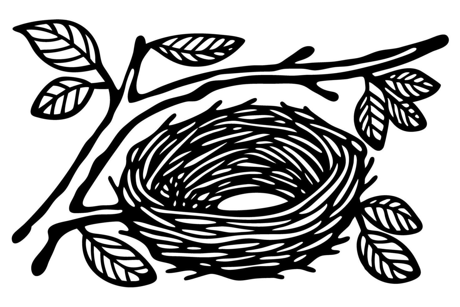 bird nest illustration with tree branch and leaves hand drawn sketched empty nest, spring nature shelter vector