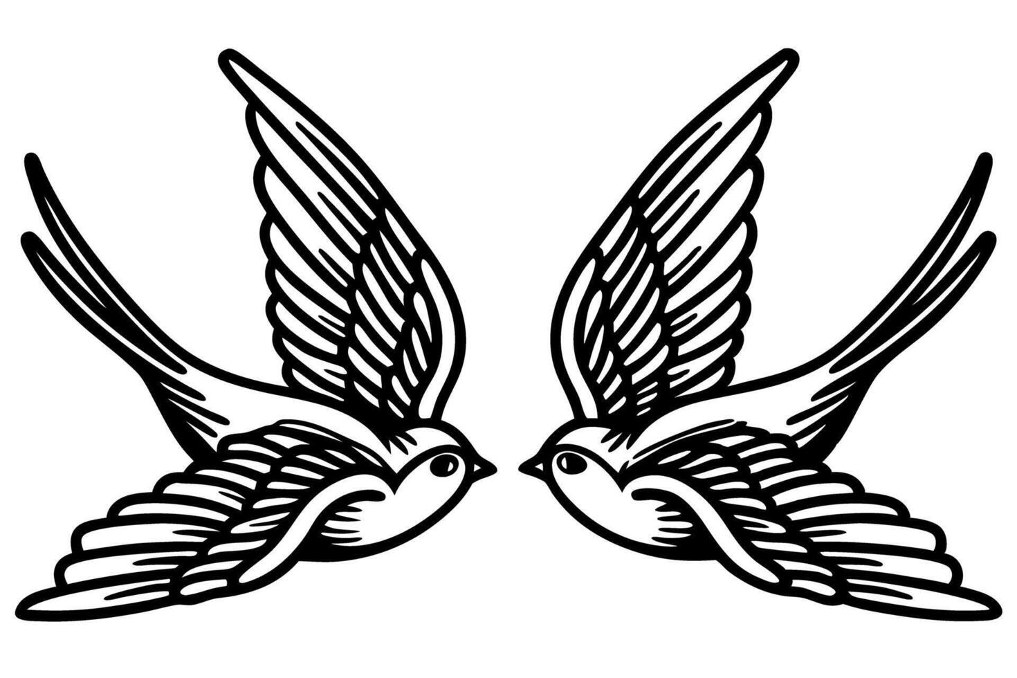 Pair of stylized swallows facing each other black and white illustration of two symmetrical flying birds, vintage tattoo motif vector