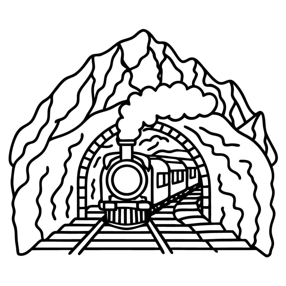 Steam locomotive emerging from mountain tunnel vintage train travel illustration, adventure journey concept vector