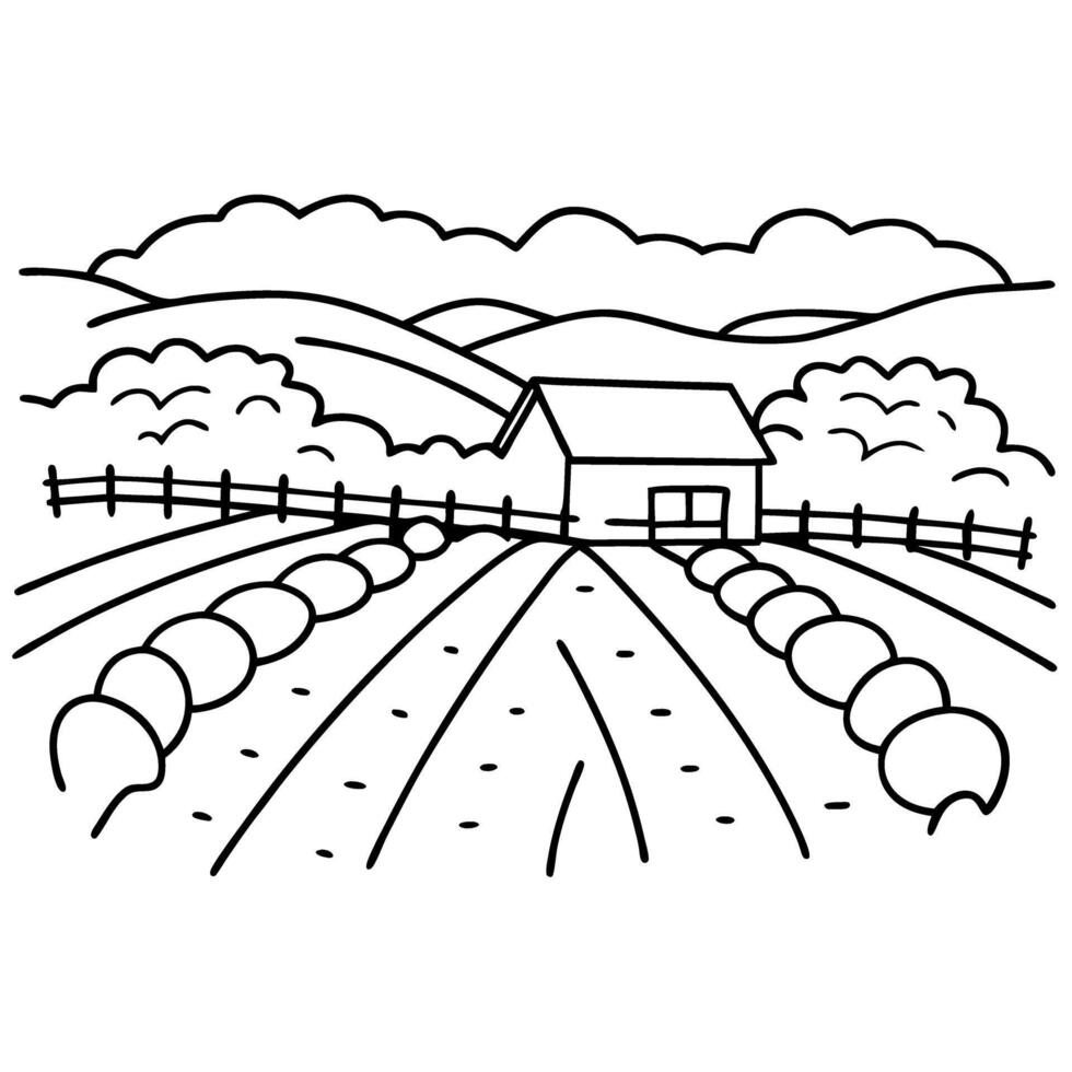 Rural farmhouse and crop fields landscape barn, hills, sky, fenced agriculture scene, line art illustration vector