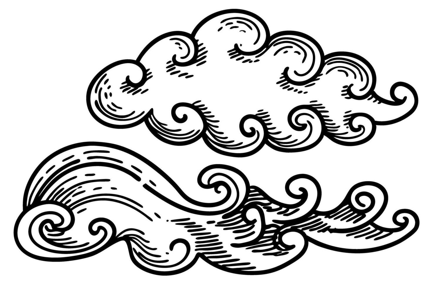 Hand drawn swirling cloud and wave set vintage style, black line ornamental sky and water elements illustration vector
