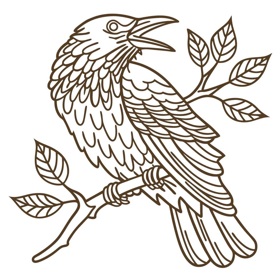 Detailed line art illustration of a raven perched on a leafy branch elegant black bird outline drawing, nature inspired design vector