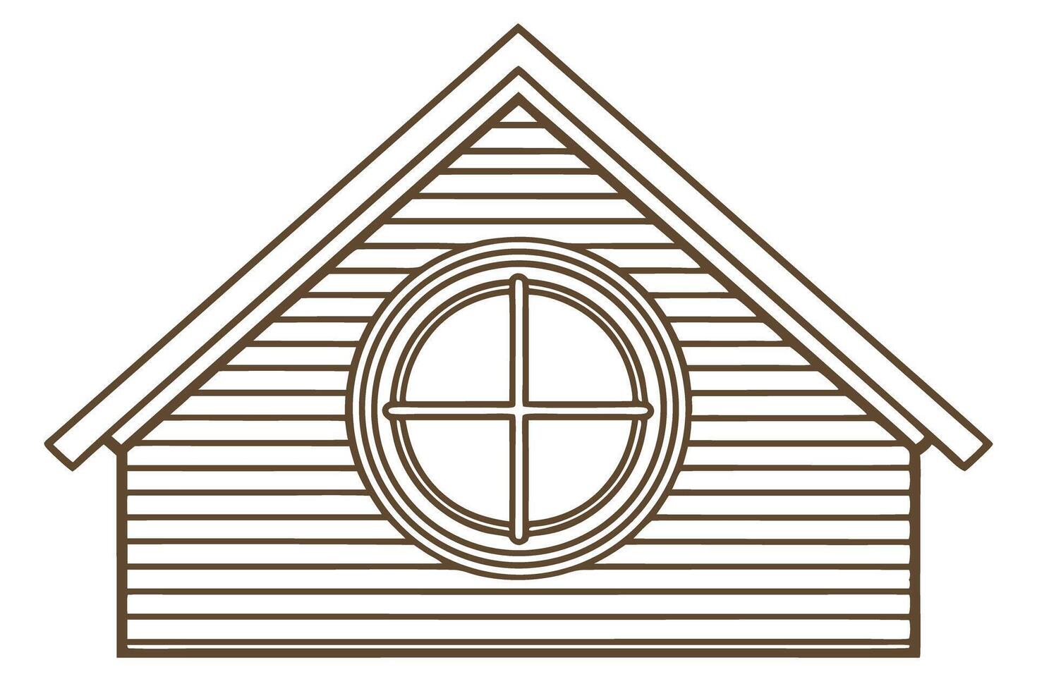 Gable roof attic with round window linear outline of house facade architecture, modern wood siding pattern vector