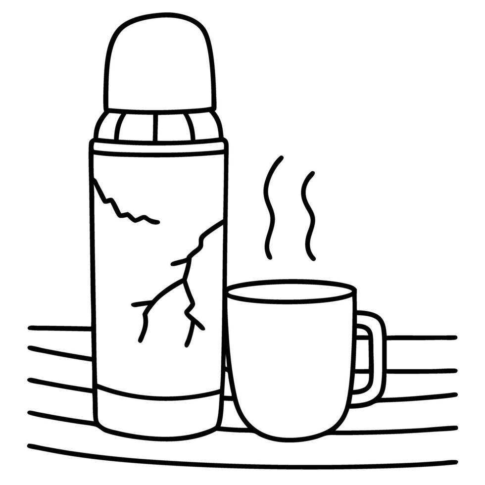 Hot drink in steaming mug and cracked thermos on table simple line drawing of beverage container scene vector
