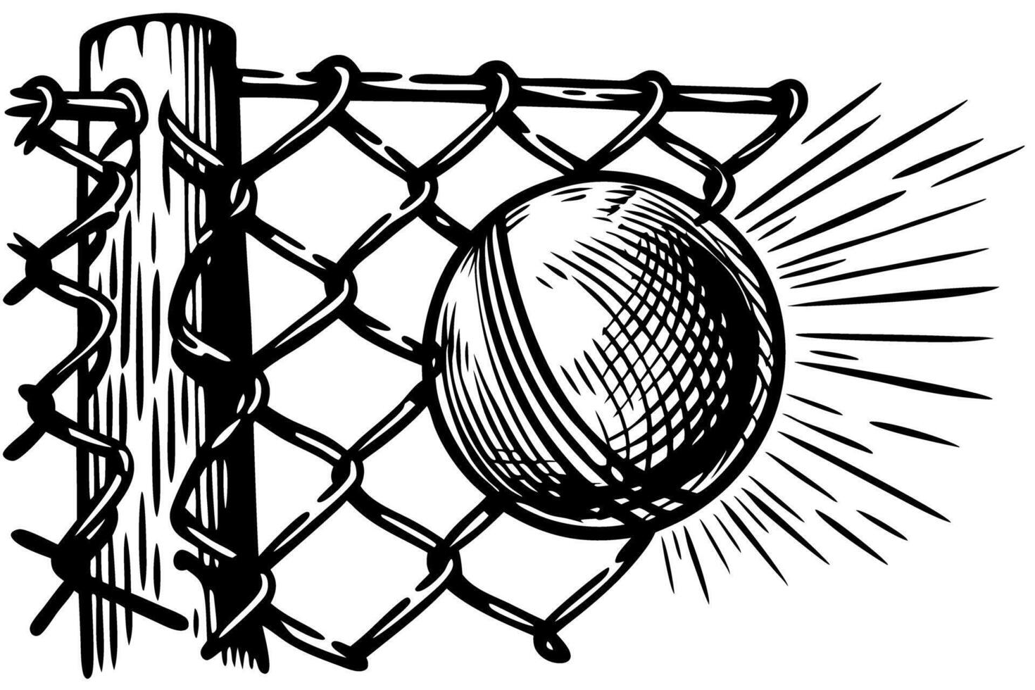 Baseball hits wire fence and gets stuck, black and white sketch impact, sports moment, game action, collision vector