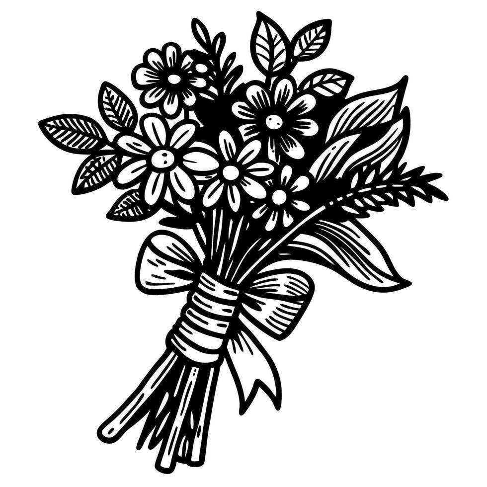 Hand drawn flower bouquet with ribbon decorative floral arrangement illustration with daisies, leaves, and greenery vector