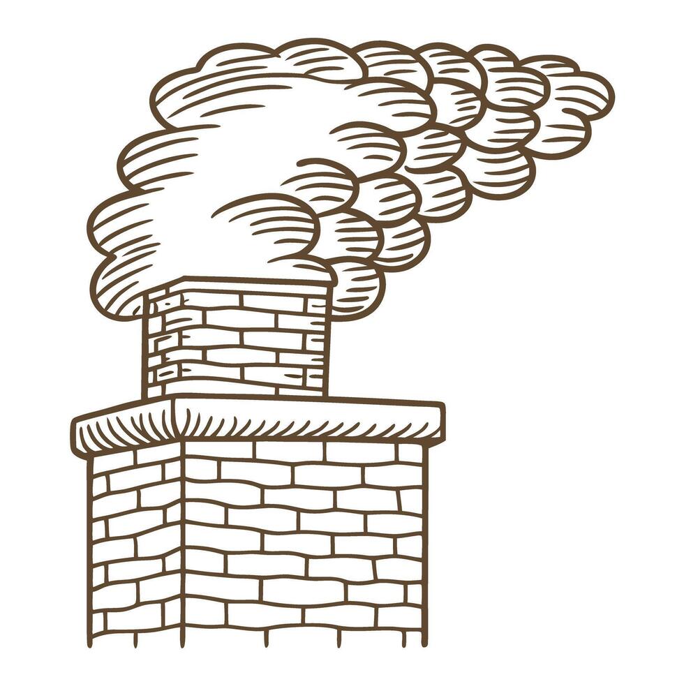 Chimney emitting thick smoke, hand drawn brick structure with rising vapor pollution, winter warmth, classic home concept vector