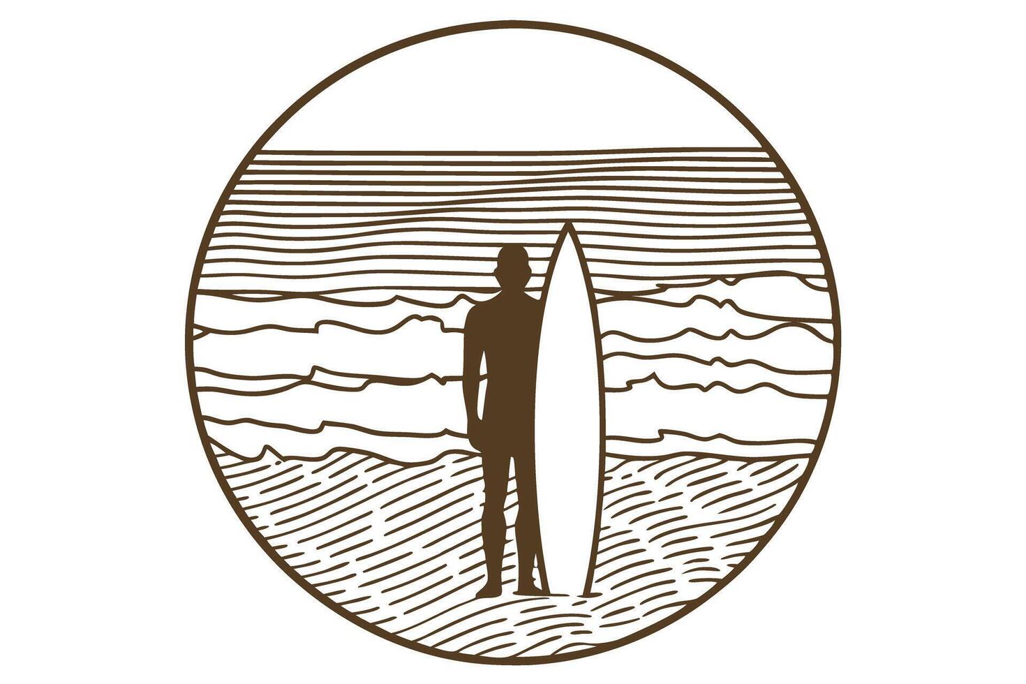 Surfer standing with surfboard on beach ocean waves and sand, circular minimal line art illustration vector