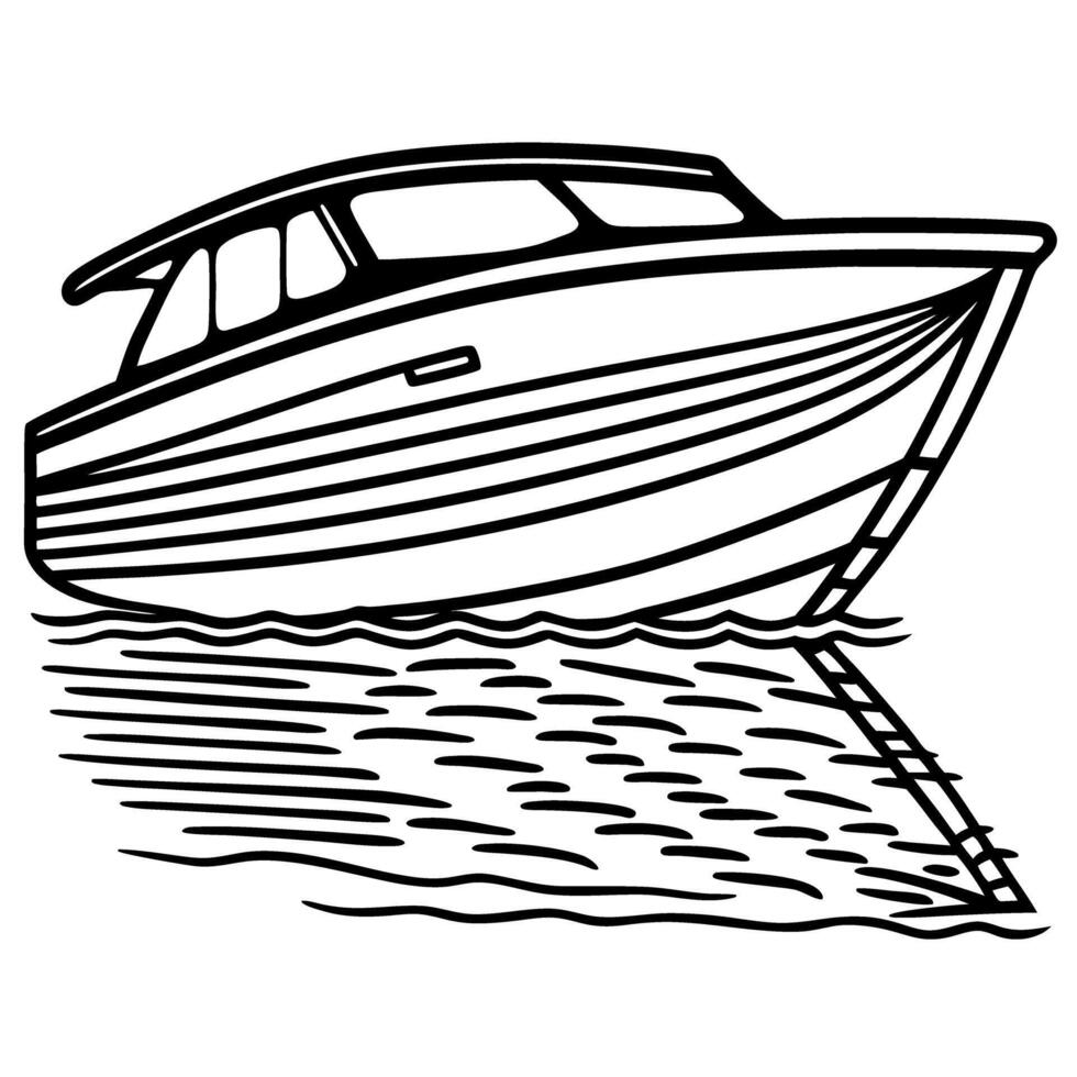 Modern motorboat cruising on calm water, side view sleek hull design, smooth surface reflection illustration vector