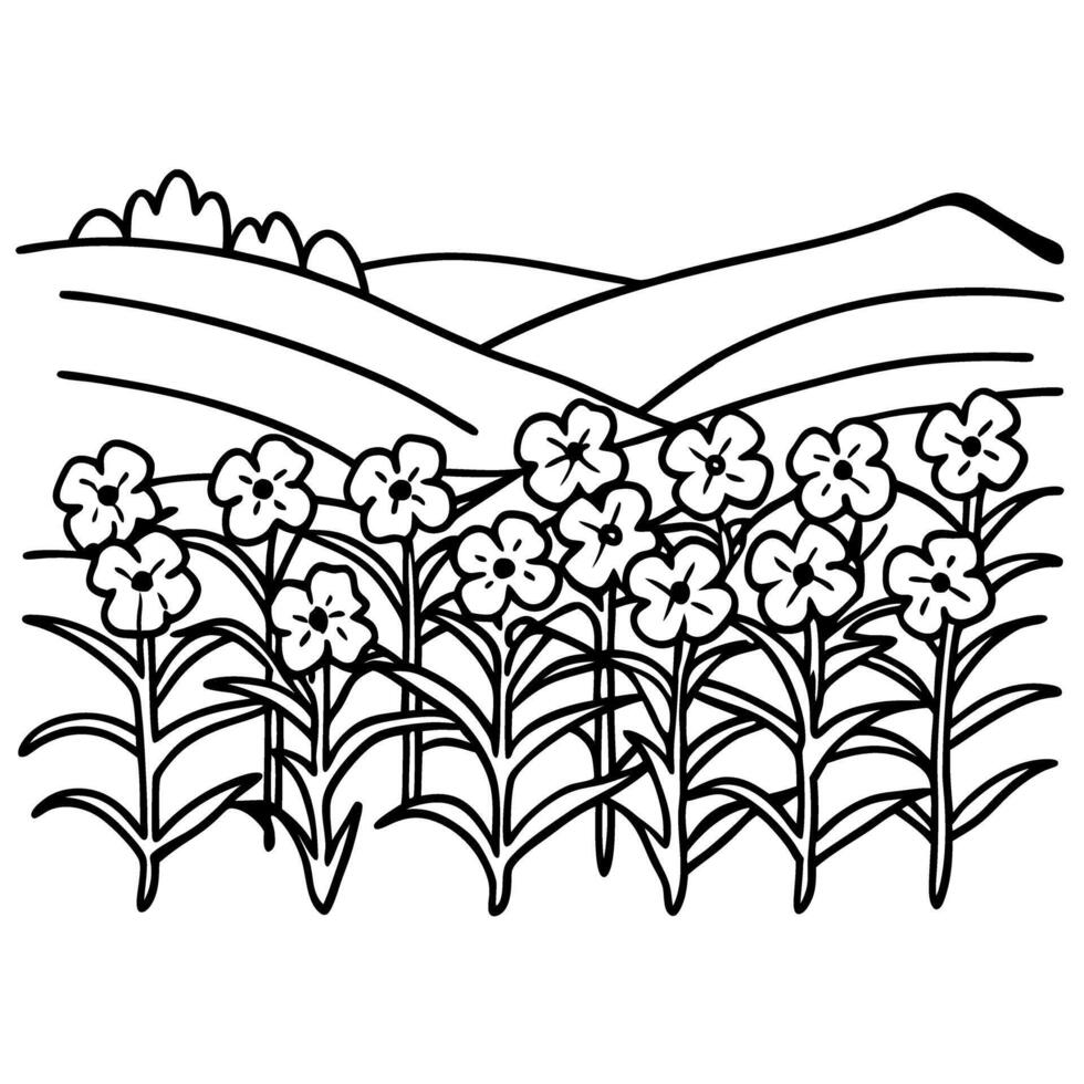 Blooming wildflowers in spring field with rolling hills and mountains nature landscape, floral countryside scene vector