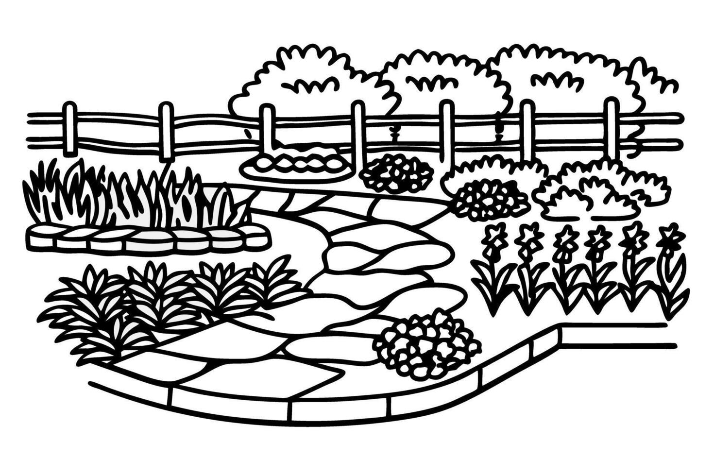 Floral garden pathway with stone walkway, decorative bushes, blooming flowers, rustic fence, landscaped yard vector