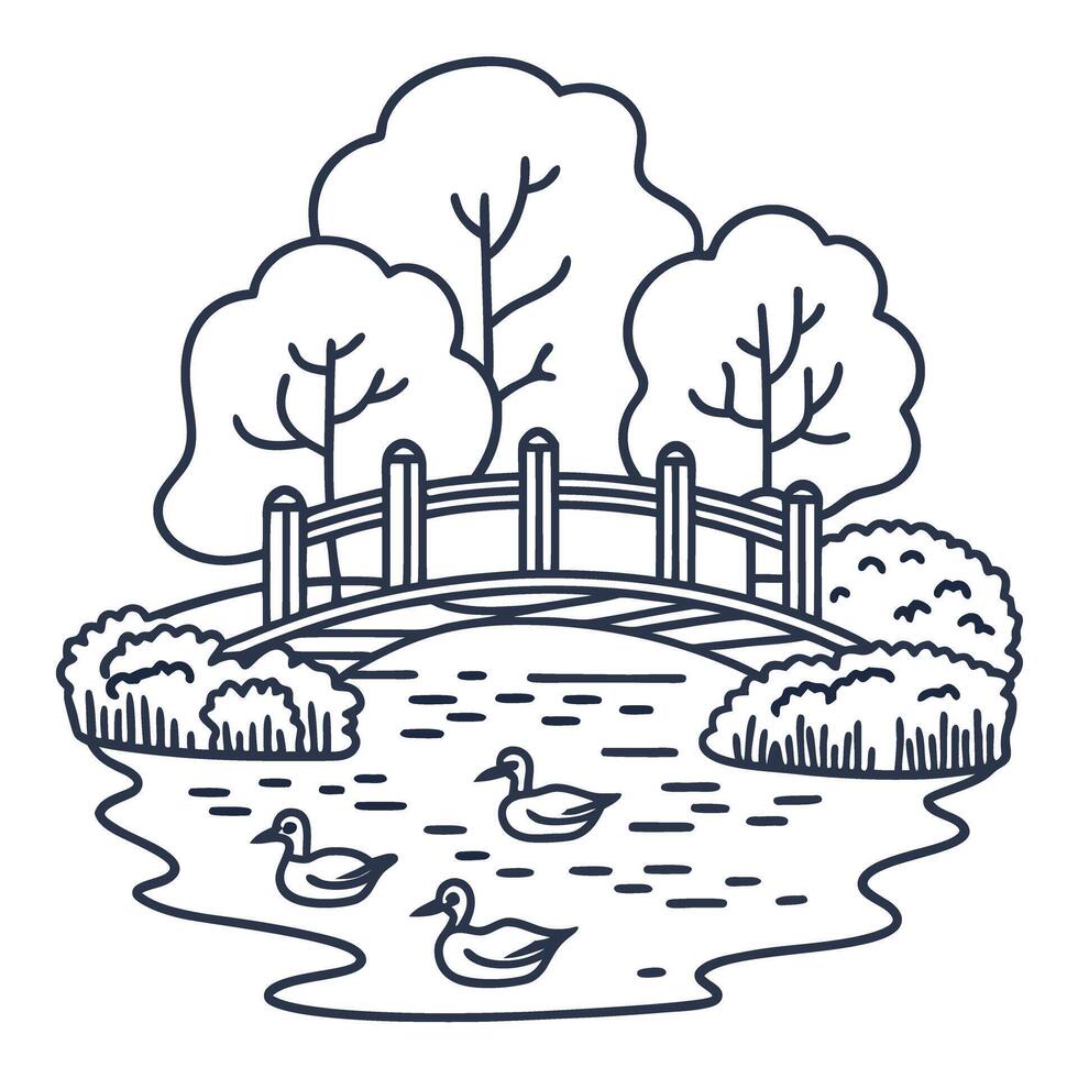 Tranquil park scene with wooden bridge over pond, ducks swimming, and lush trees peaceful nature landscape vector