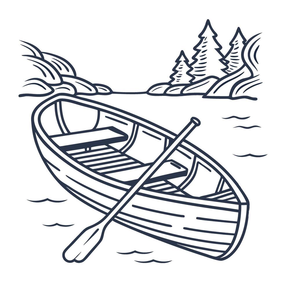Wooden rowboat on lake with single oar hand drawn illustration of tranquil nature scene, peaceful water and pine trees vector